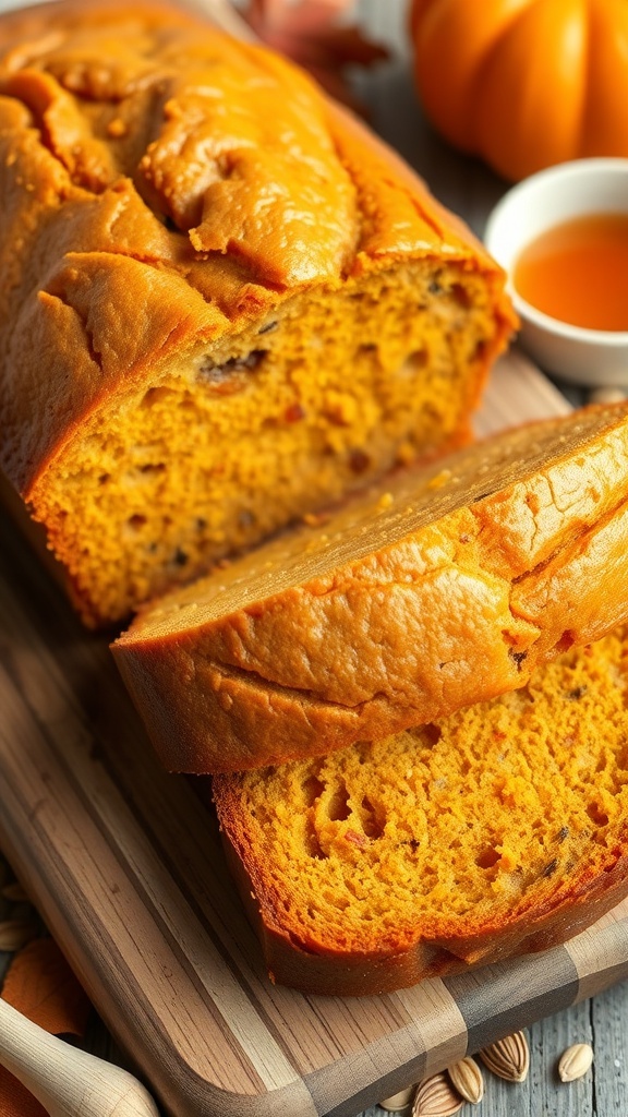 High-Protein Pumpkin Bread Recipe A loaf of high-protein pumpkin bread sliced on a wooden board, showcasing its moist texture, with pumpkin seeds and honey nearby.